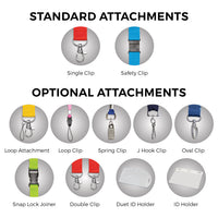 An informational product graphic showing standard and optional attachments for a leash or ID accessory. The top section, labeled 'STANDARD ATTACHMENTS,' shows a red clip and a blue clip.