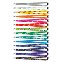 Set of colorful lanyards with various branding on a white background