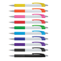 Set of colorful pens with multicolored grips on a white background