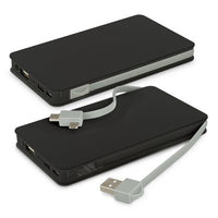 Black power bank with USB cable on a white background. Brand Knew Promotional Power Banks Australia.