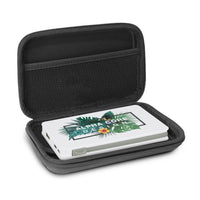 Black carrying case with a white device featuring a floral design on a white background. Brand Knew Promotional Power Banks Australia.