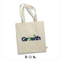 Beige promo conference tote bag with 'Growth' text on a white background