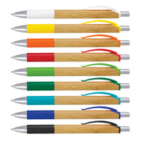 Set of six wooden pens with colored accents on a white background