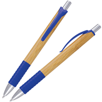 Two pens with wooden bodies and blue accents on a white background