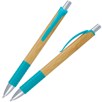 Two wooden pens with turquoise accents on a white background