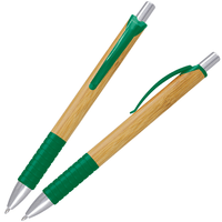 Two pens with bamboo bodies and green accents on a white background
