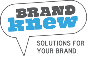 A speech-bubble-style logo graphic with the words 'BRAND knew' in gray and blue, plus the tagline 'SOLUTIONS FOR YOUR BRAND.' on a black background.