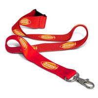 Red lanyard with Bandai Namco logo on a white background
