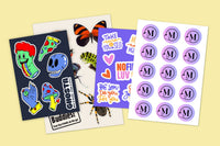 Collection of various stickers on a yellow background
