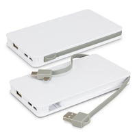 White power bank with USB cable on a white background. Brand Knew Promotional Power Banks Australia.
