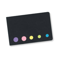 Black card with five colored dots on a white background
