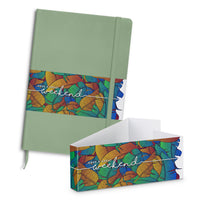 Green notebook with colorful 'Have a great weekend' design on a white background
