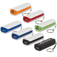 Set of colorful power banks with keychains on a white background. Brand Knew Customised Power Banks Australia.
