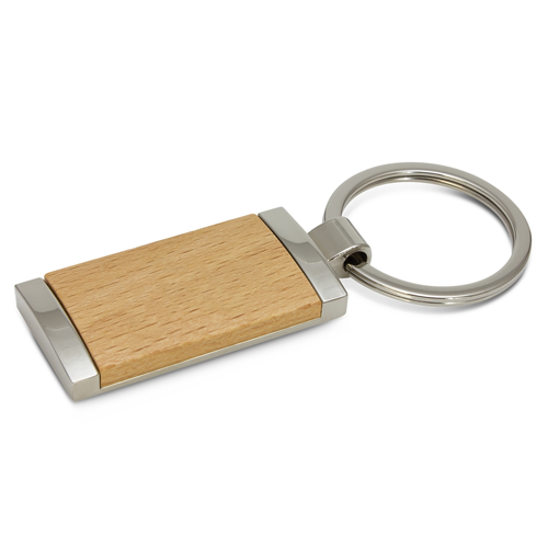 Natural wood and metal key ring laser engraved with your logo. Eco friendly promo key chain
